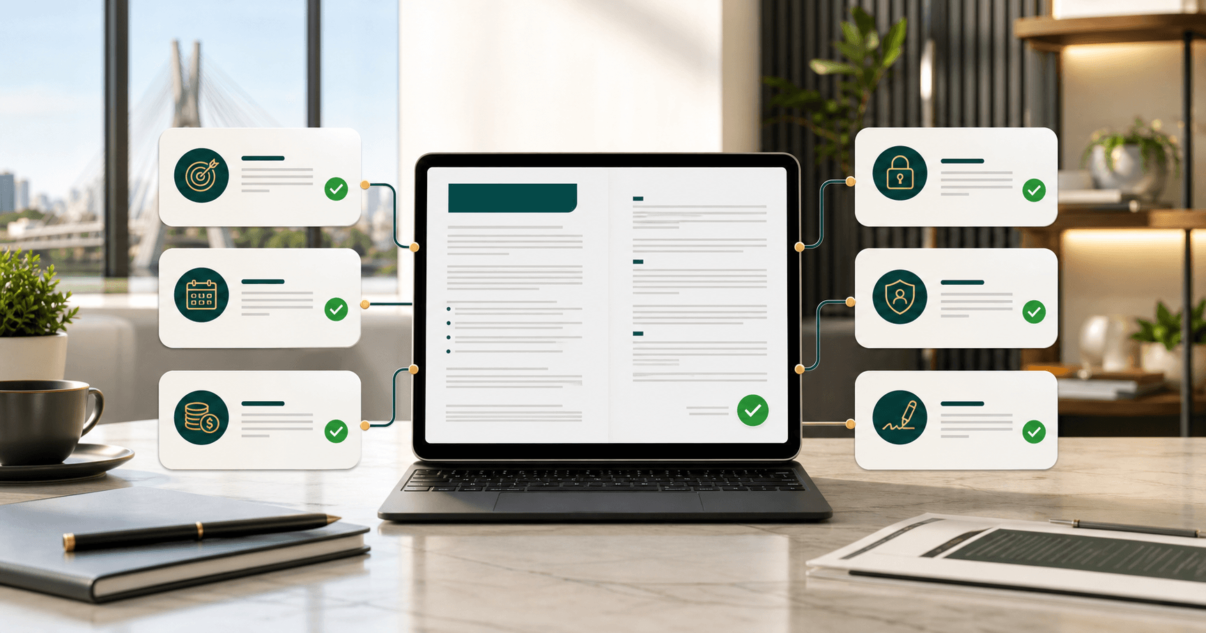 Contrato digital de prestação de serviços cercado por cartões de escopo, prazo, pagamento, segurança e assinatura