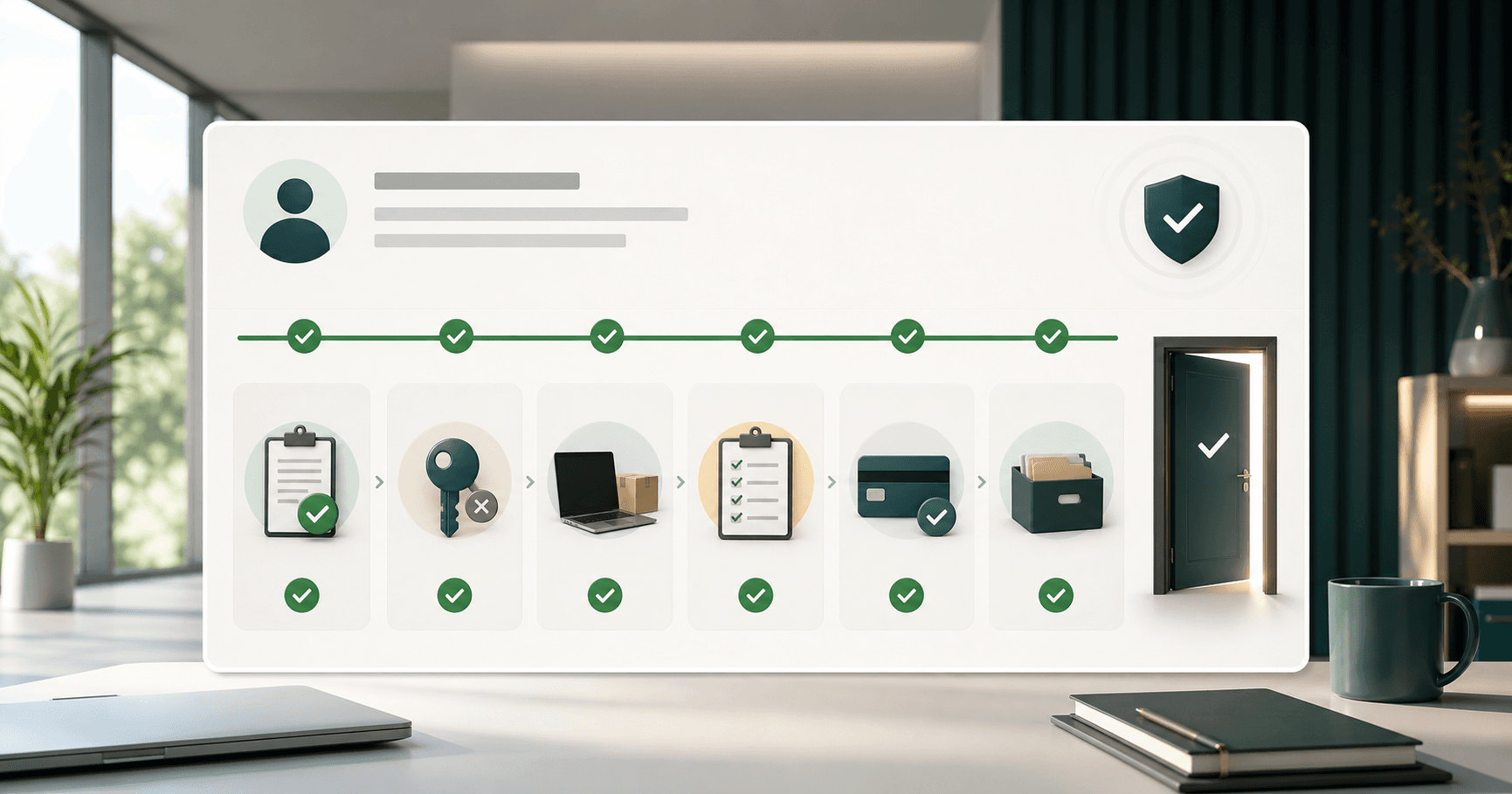 Painel de offboarding de prestador com etapas concluídas para acessos, equipamentos, entregas, pagamento e arquivo