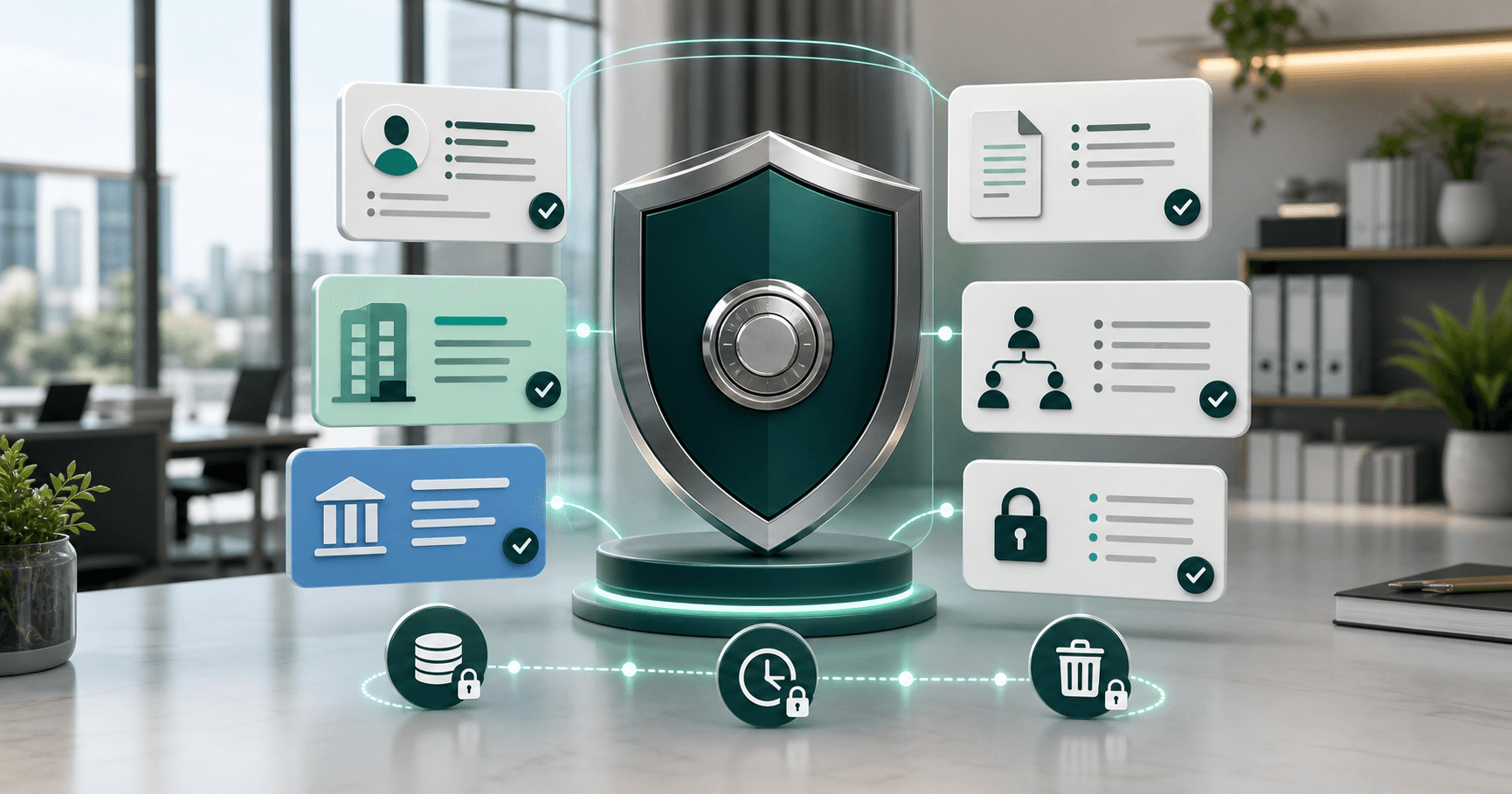 Escudo digital protegendo cadastros, contratos, dados bancários e permissões de acesso de prestadores PJ