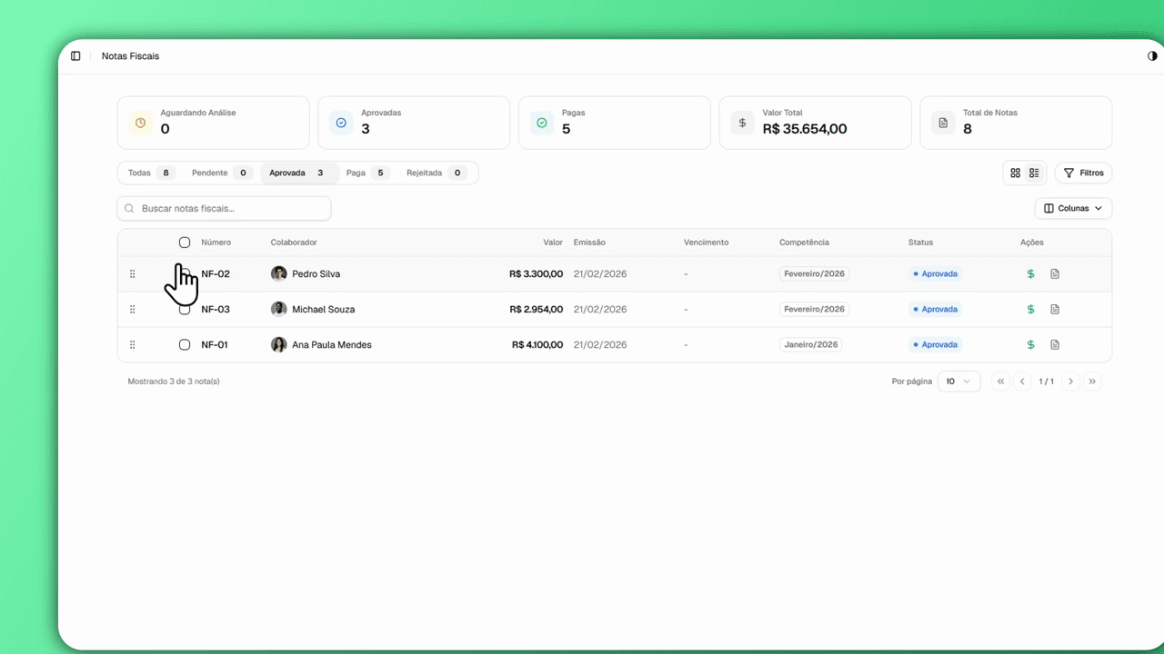 Painel do Afflux mostrando várias notas fiscais aprovadas reunidas em um único pagamento consolidado